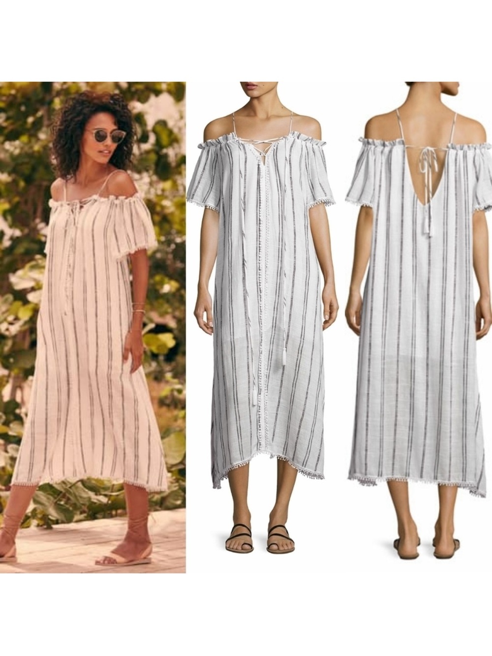 New Red Carter Small White Black Striped Off-the-Shoulder Isla Dress NWT